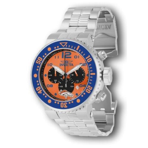 Invicta Nfl Denver Broncos Grand Pro Diver Men`s 52mm Chronograph Watch 30264 - Black Dial, Silver Band, Blue Bezel