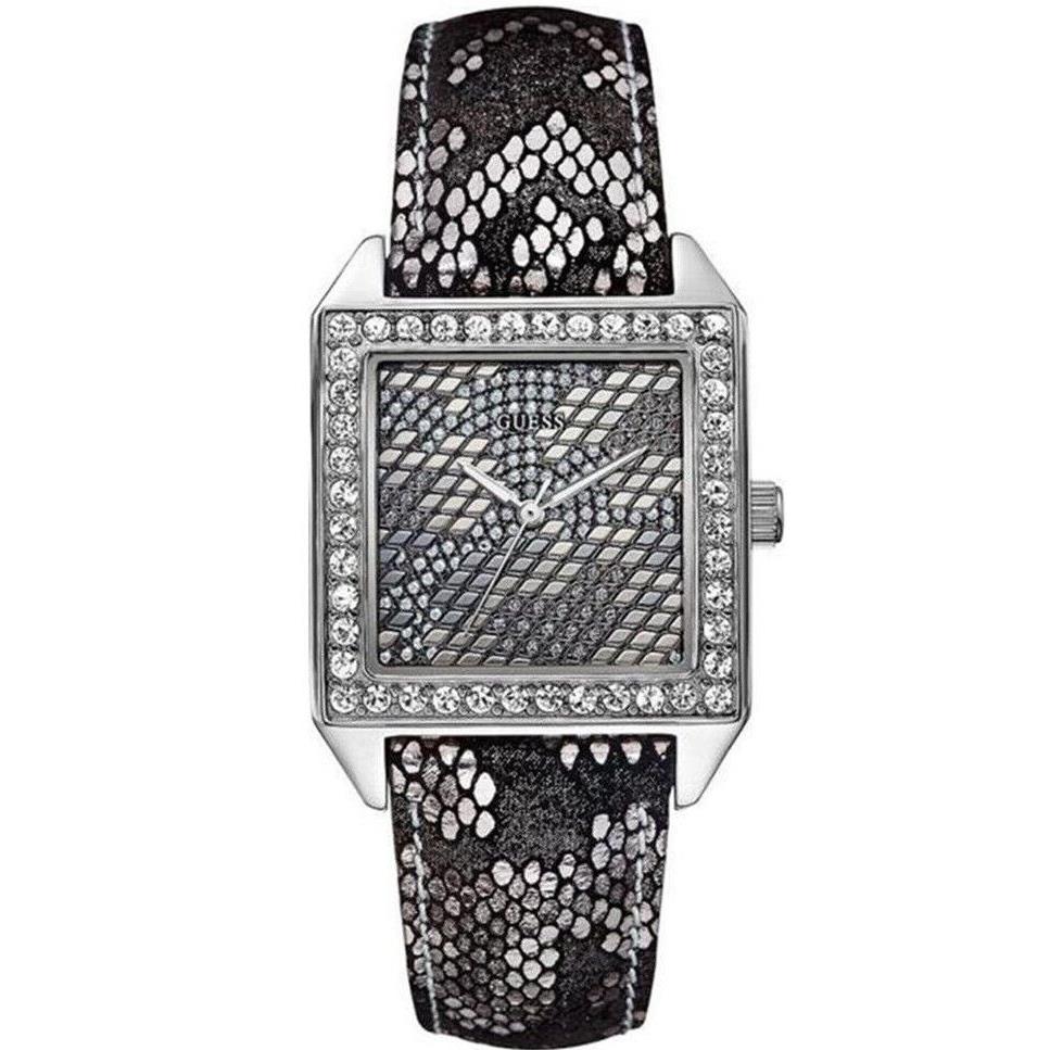 Guess Metallic Gunmetal Python Leather+black+silver Tone+crystal Watch U0050L1