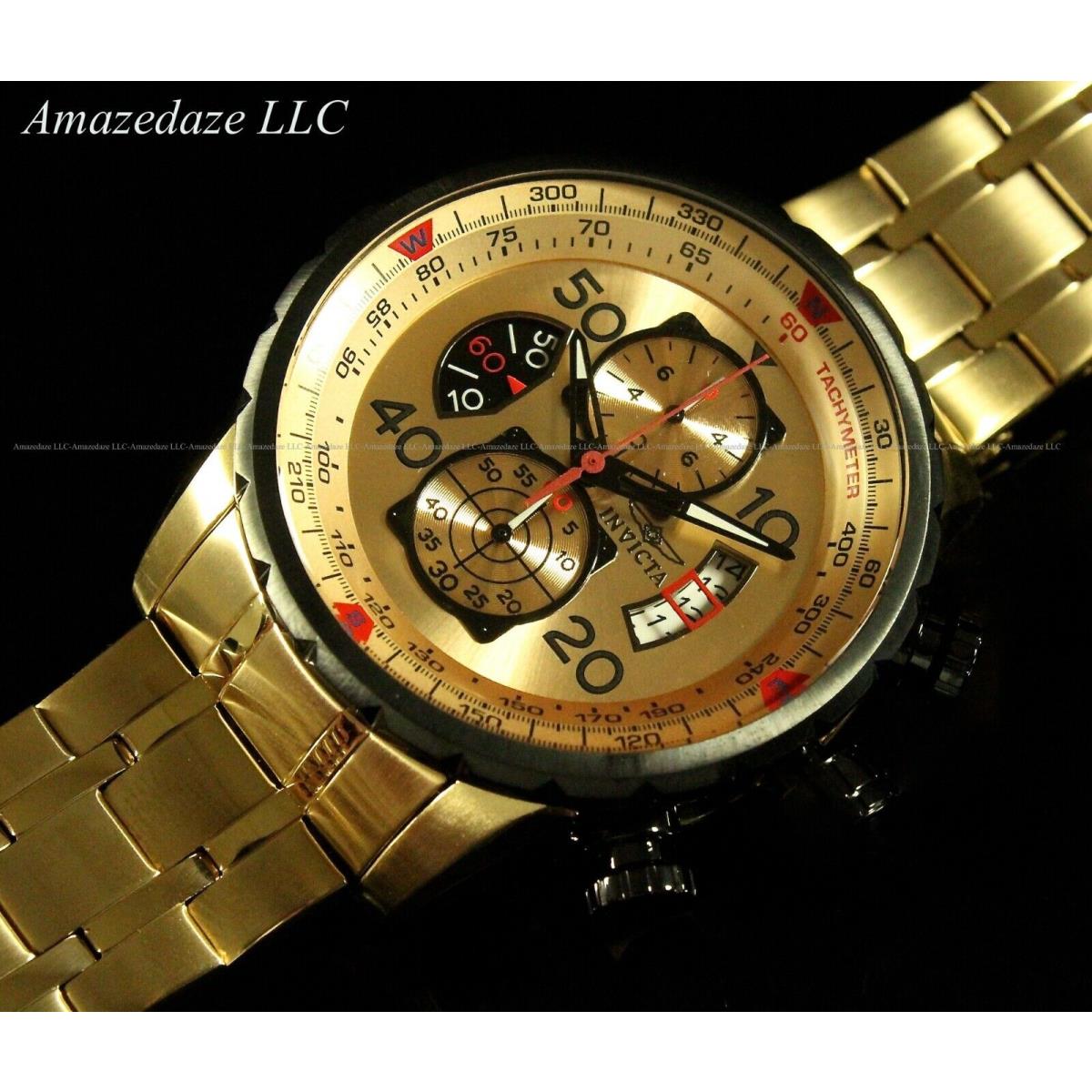 Invicta Men Stainless Steel Tachymeter Chronograph Aviator Golden Dial Watch
