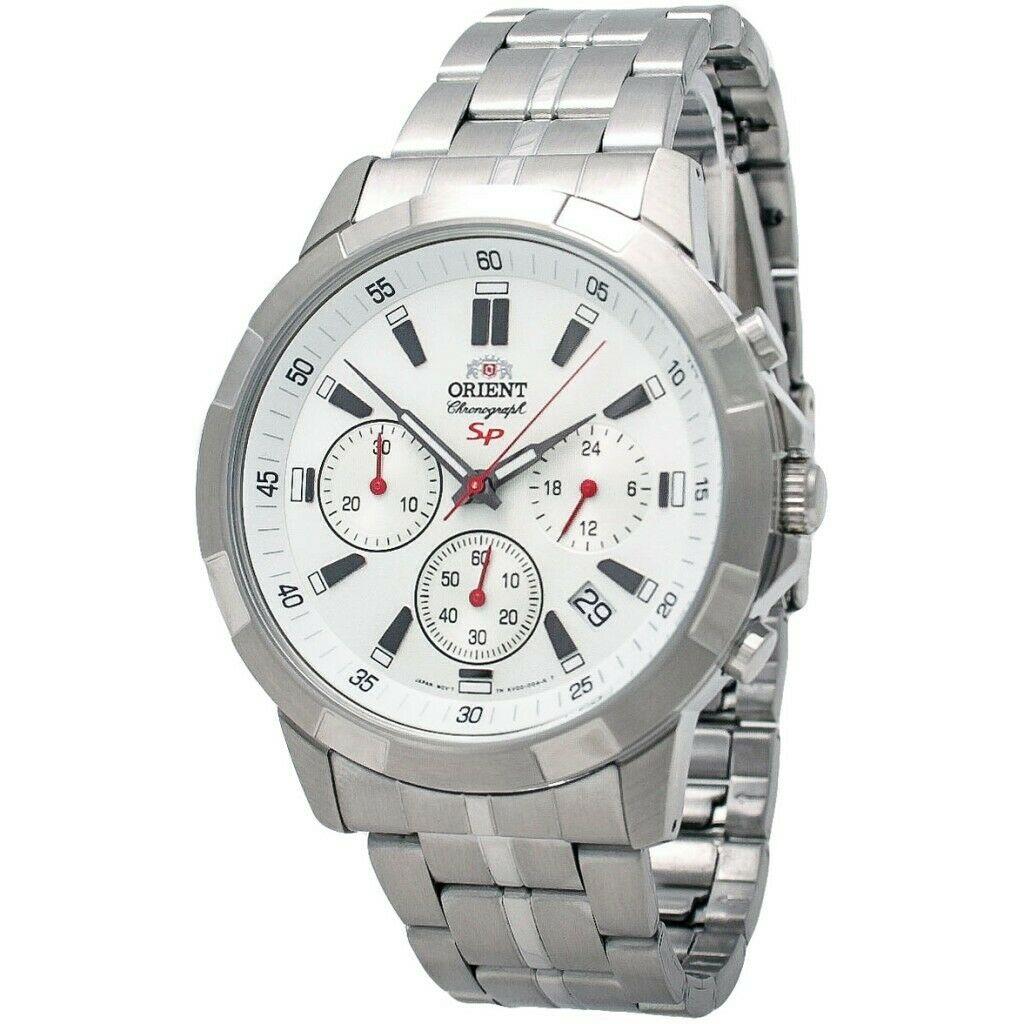 Orient FKV00004W Sporty Chronograph Quartz White Dial Stainless Steel Mens Watch - White Dial, Silver Band, Black Manufacturer Band