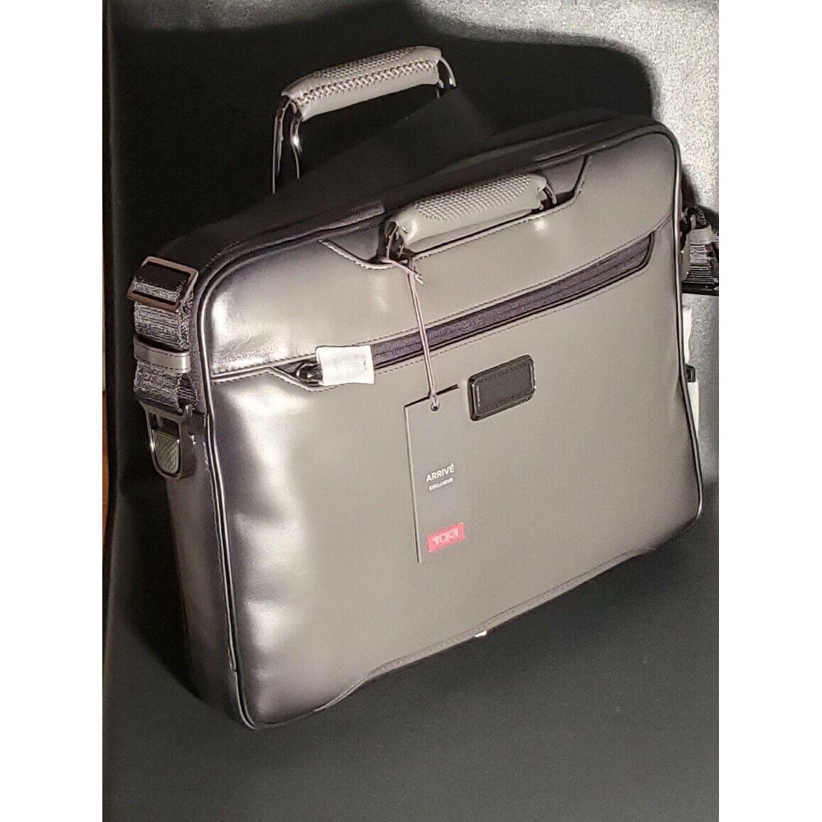 Tumi Arrive Exclusive Hannover Slim Leather Briefcase Bag Grey