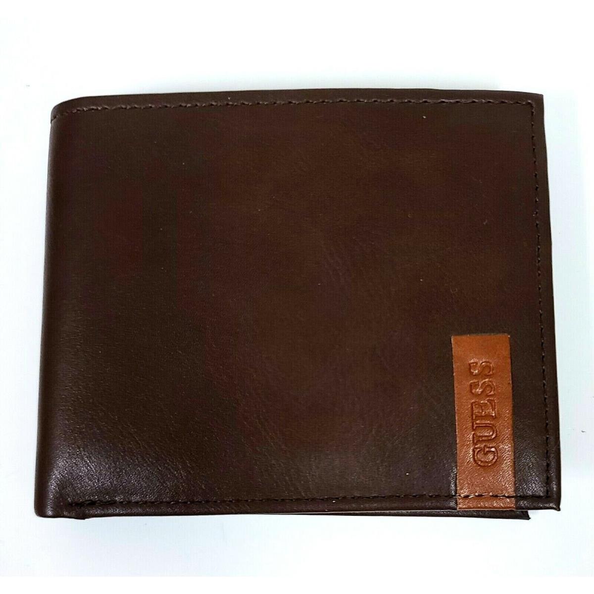 Guess Brown Leather Bi-fold Logo Men`s Rfid Passcase Wallet