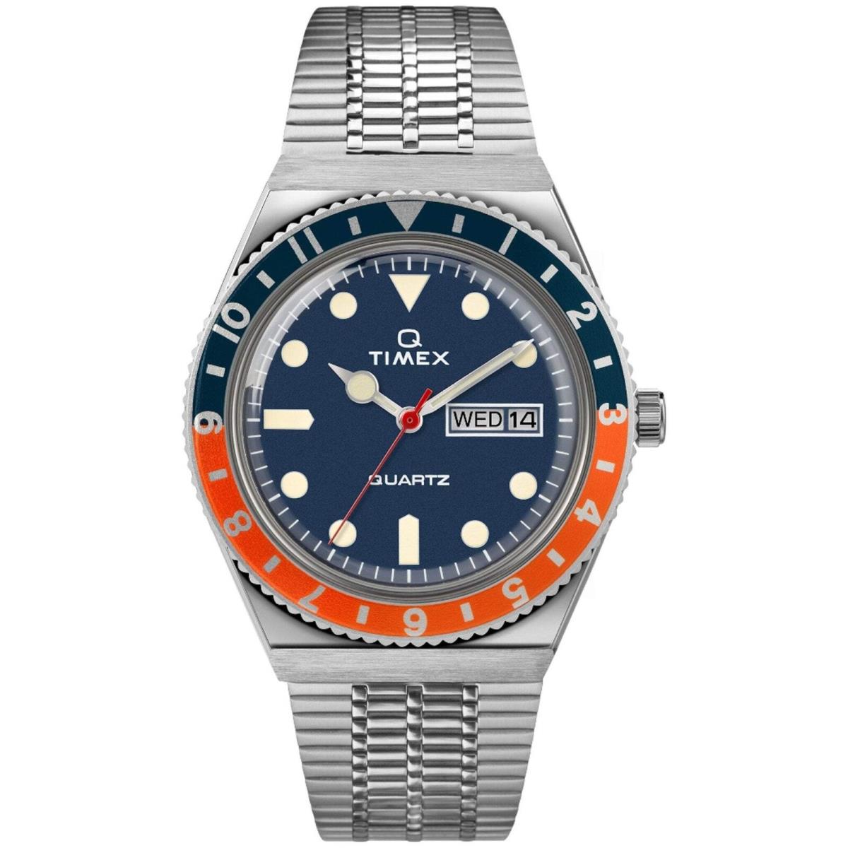 Timex Q 1979 Reissue 38mm Silver Blue Orange Watch