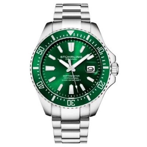 Stuhrling 3950A 3 Aquadiver Date Stainless Steel Green Dial Mens Watch - Dial: Green, Band: Silver
