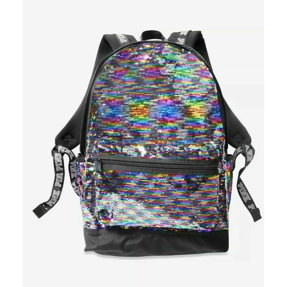 Victoria`s Secret Pink Campus Backpack Laptop Travel Book Bag Tote Rare Gift Rainbow Sequin