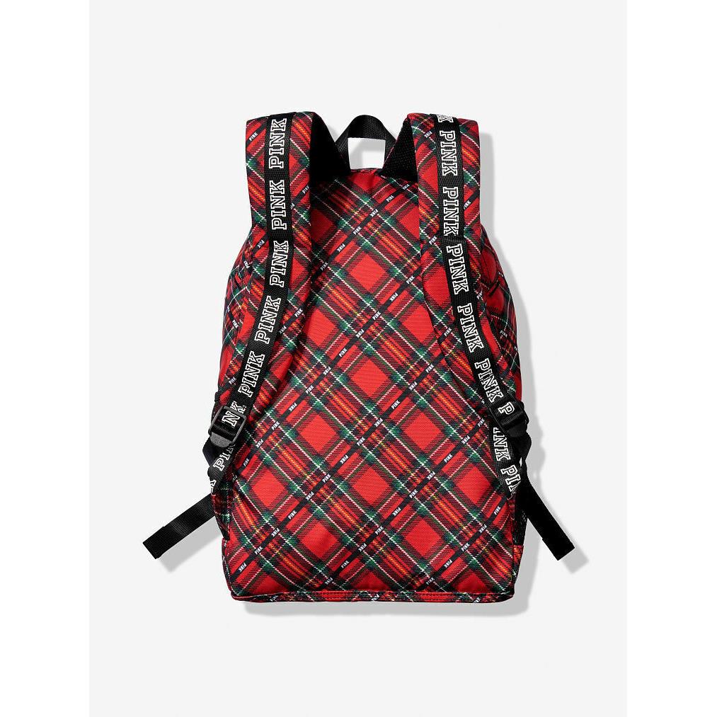 Victoria`s Secret Pink Campus Backpack Laptop Travel Book Bag Tote Rare Gift Red Black Diagonal Holiday Plaid