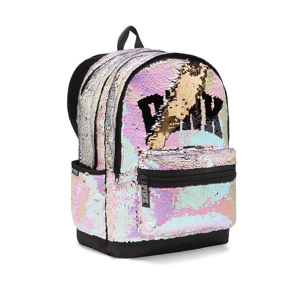 Victoria`s Secret Pink Campus Backpack Laptop Travel Book Bag Tote Rare Gift Silver/Gold/Black Sequins