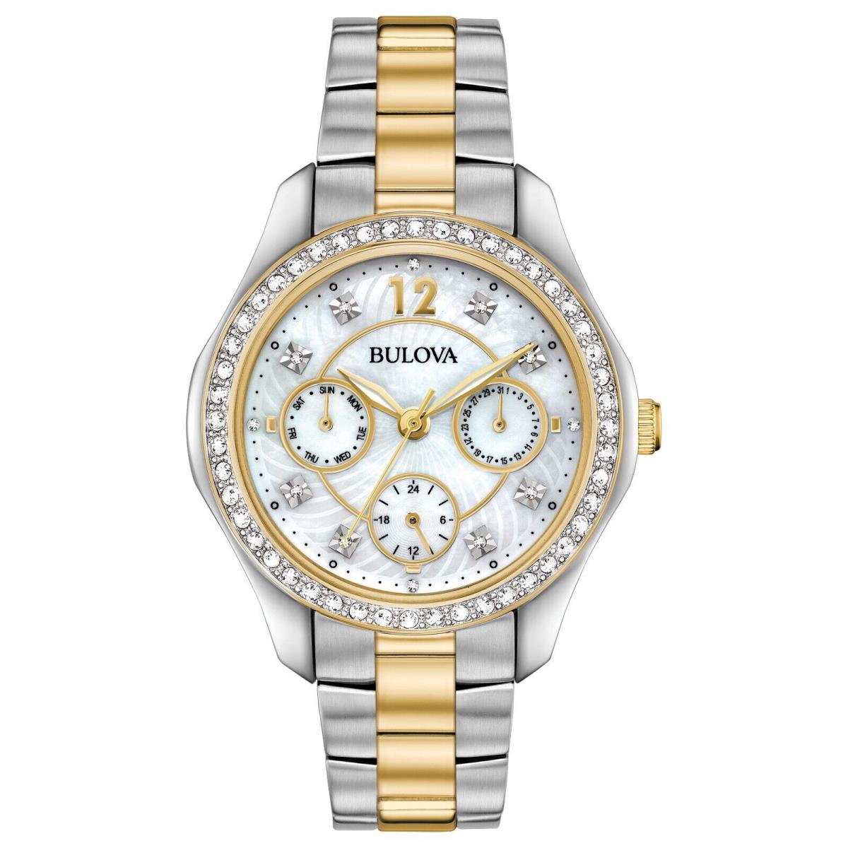 Bulova Women`s Crystal Calendar Quartz Silver Stainless Steel Watch 34 MM 98N114 - Dial: White, Band: Silver, Bezel: Gold