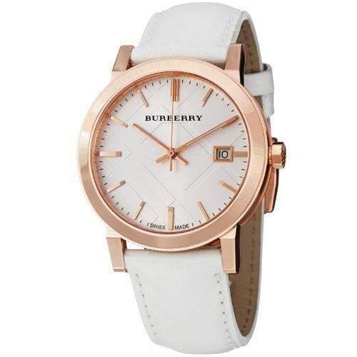 New-burberry Rose Gold Tone White Engraved Dial Leather Unisex Watch BU9012