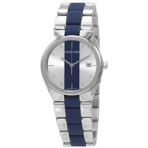 Calvin Klein Contrast Quartz Ladies Watch K9E231VX - Silver (Blue Stripe) Dial, Silver-tone Band