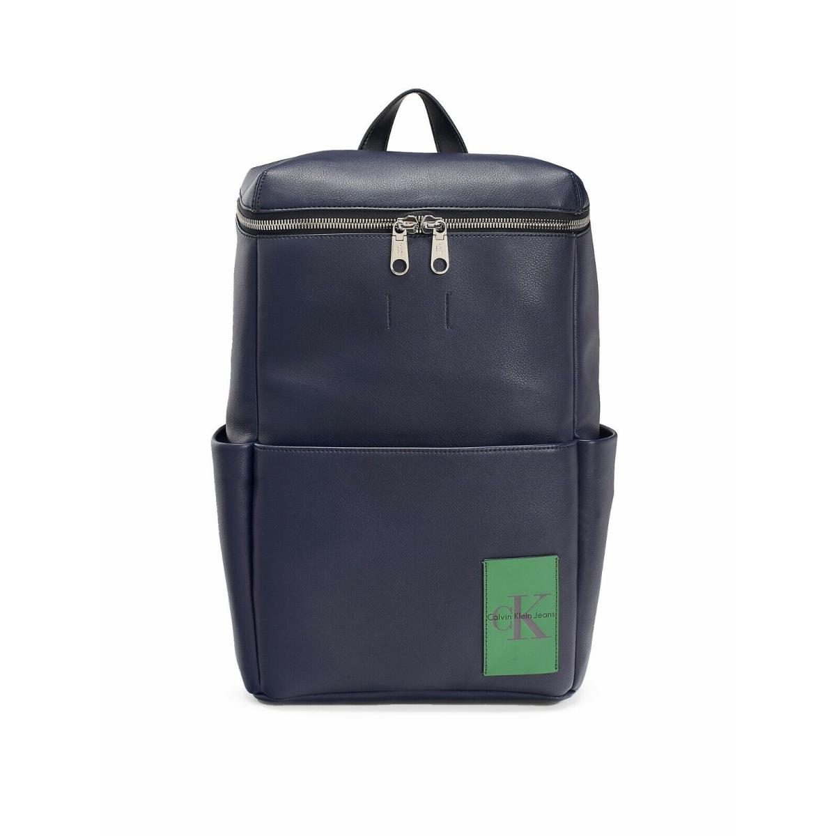 Calvin Klein Monogram Logo Natural Grain Zip Leather Backpack 46301468 Navy