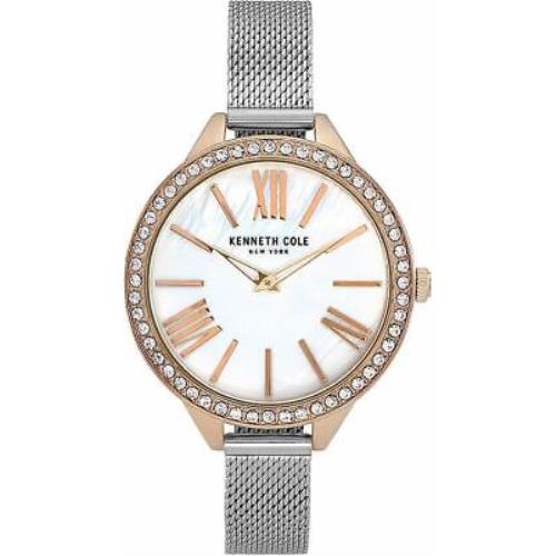 Women`s Kenneth Cole Rose Gold Crystalized Silver Mesh Band Watch KC50939003