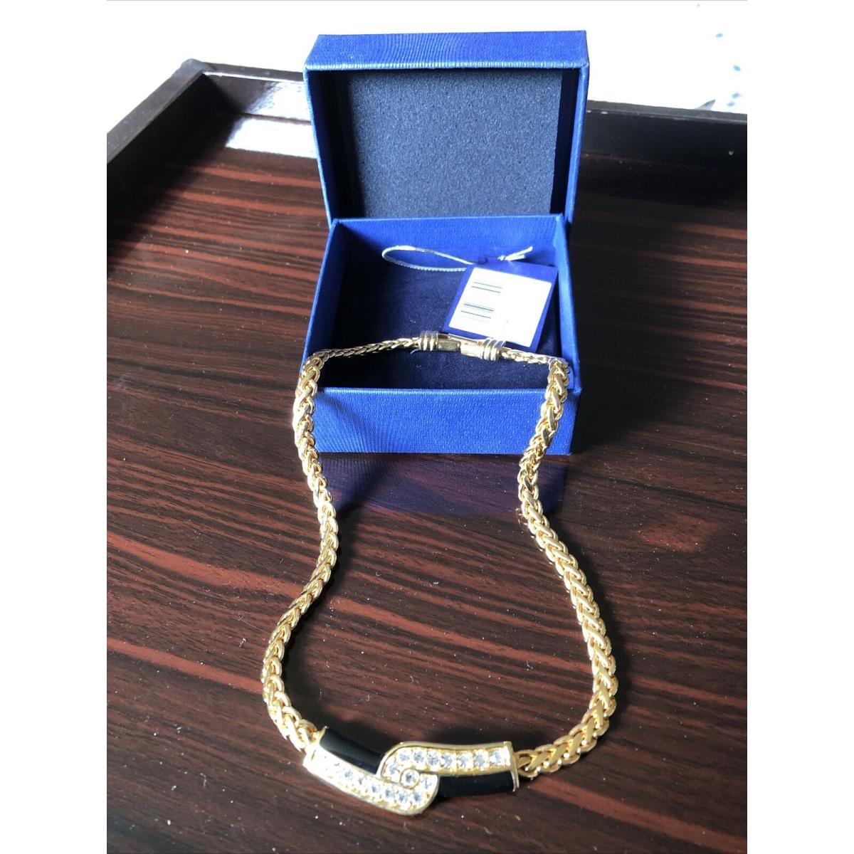 Swarovski Gold Necklace with Black Enamel Rhinestone Bar Pendant