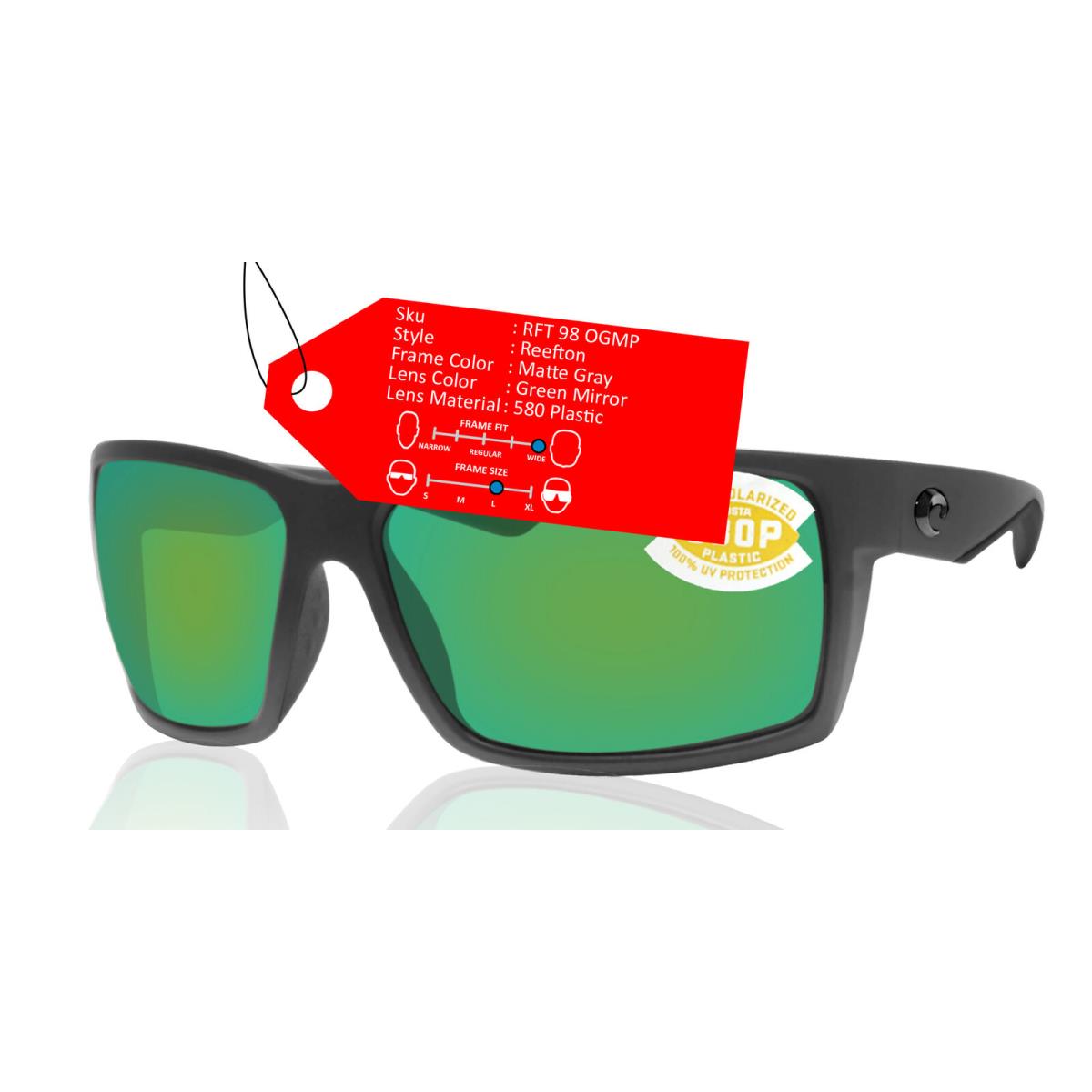 Costa Del Mar Reefton Matte Gray Frame Green 580P Polarized Plastic Lens - Frame: Gray, Lens: Green