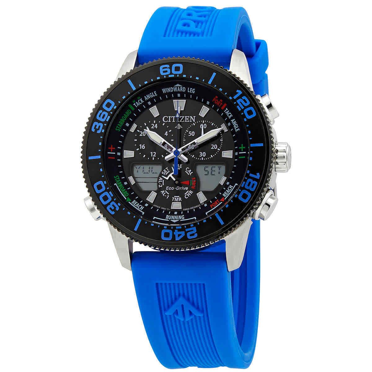 Citizen Promaster Sailhawk Eco-drive World Time Alarm Men`s Watch JR4068-01E - Dial: Black, Band: Blue, Bezel: Black