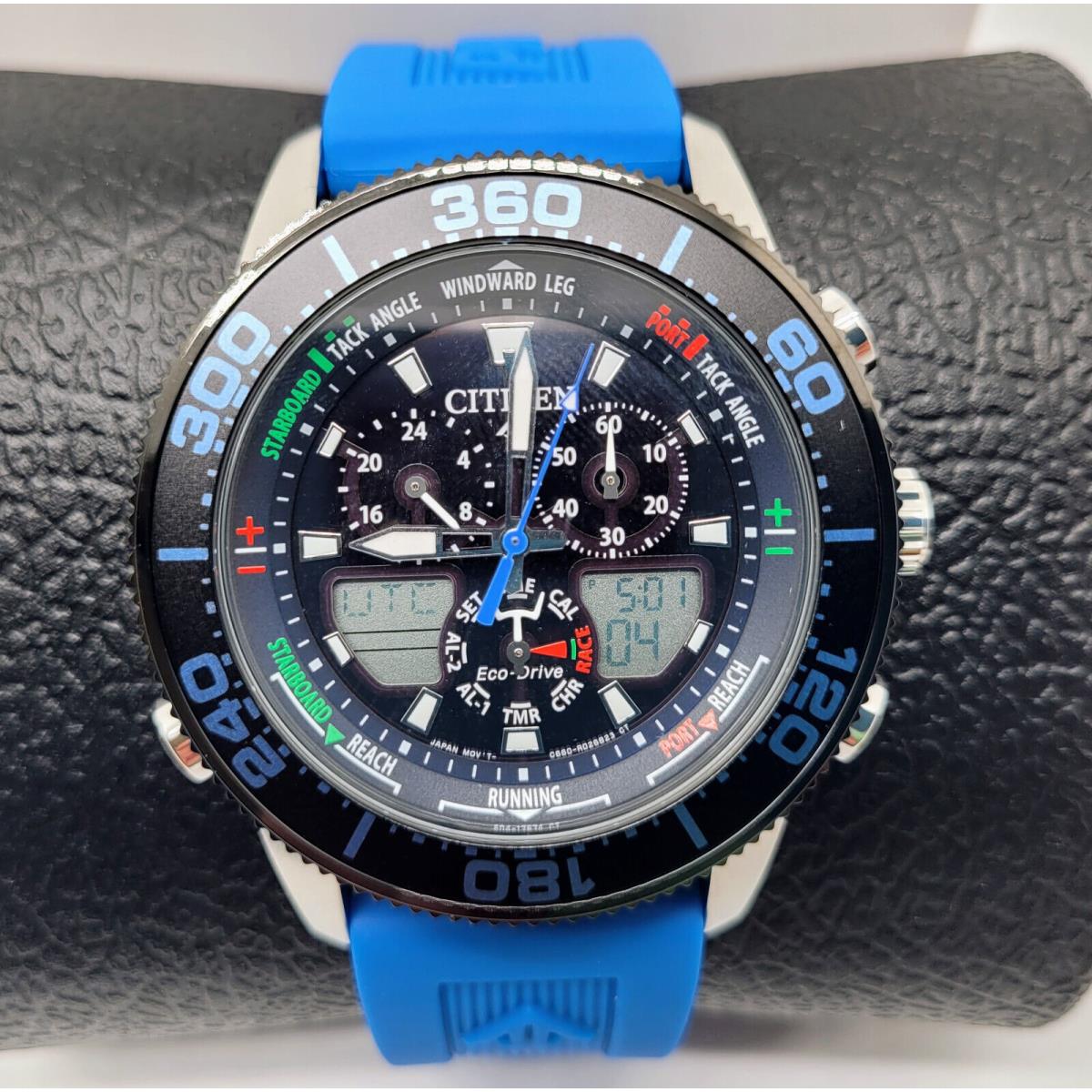 Citizen Promaster Sailhawk Eco-drive World Time Alarm Men`s Watch JR4068-01E - Dial: Black, Band: Blue, Bezel: Black