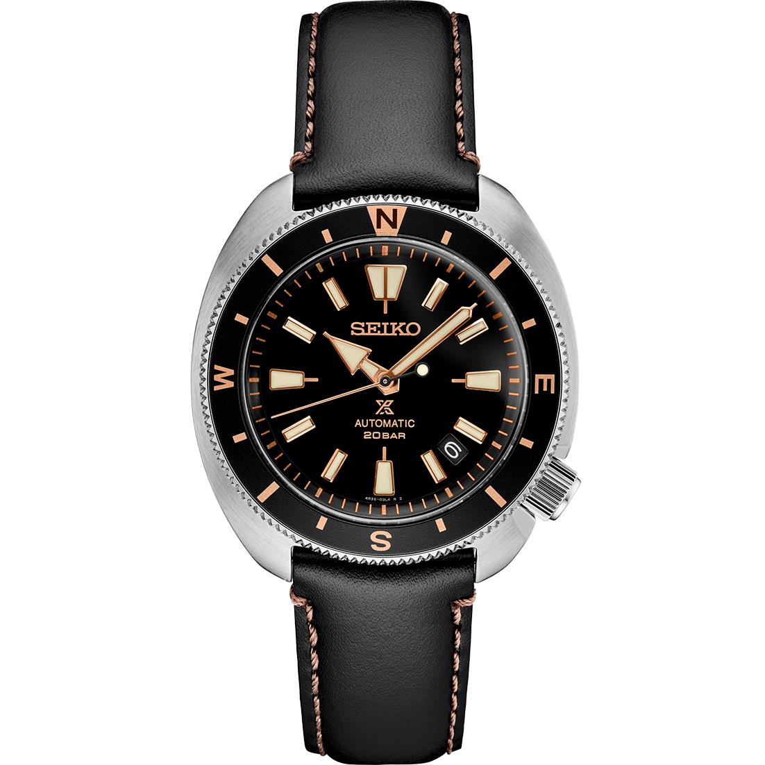 Seiko Prospex 200M Padi Divers Leather Strap Men`s Watch SRPG17 - Black Dial, Black Band