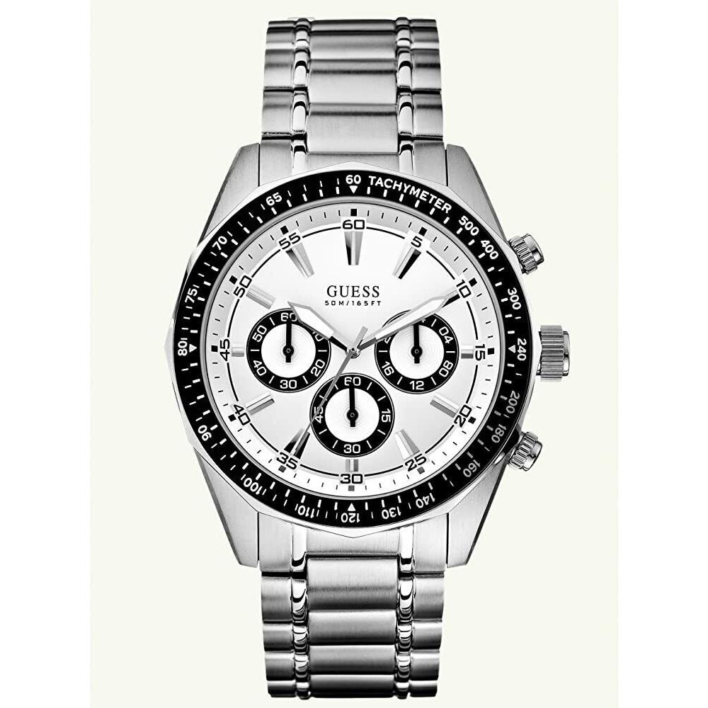 Guess Brushed Silver Tone Chronograph Black Bezel Bracelet Watch U13629G1