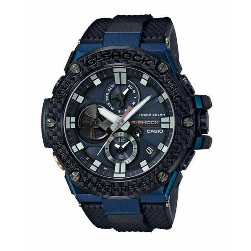 Casio Mens G-shock Solar Powered Blue Pvd Black Rubber Strap Watch GSTB100XB-2