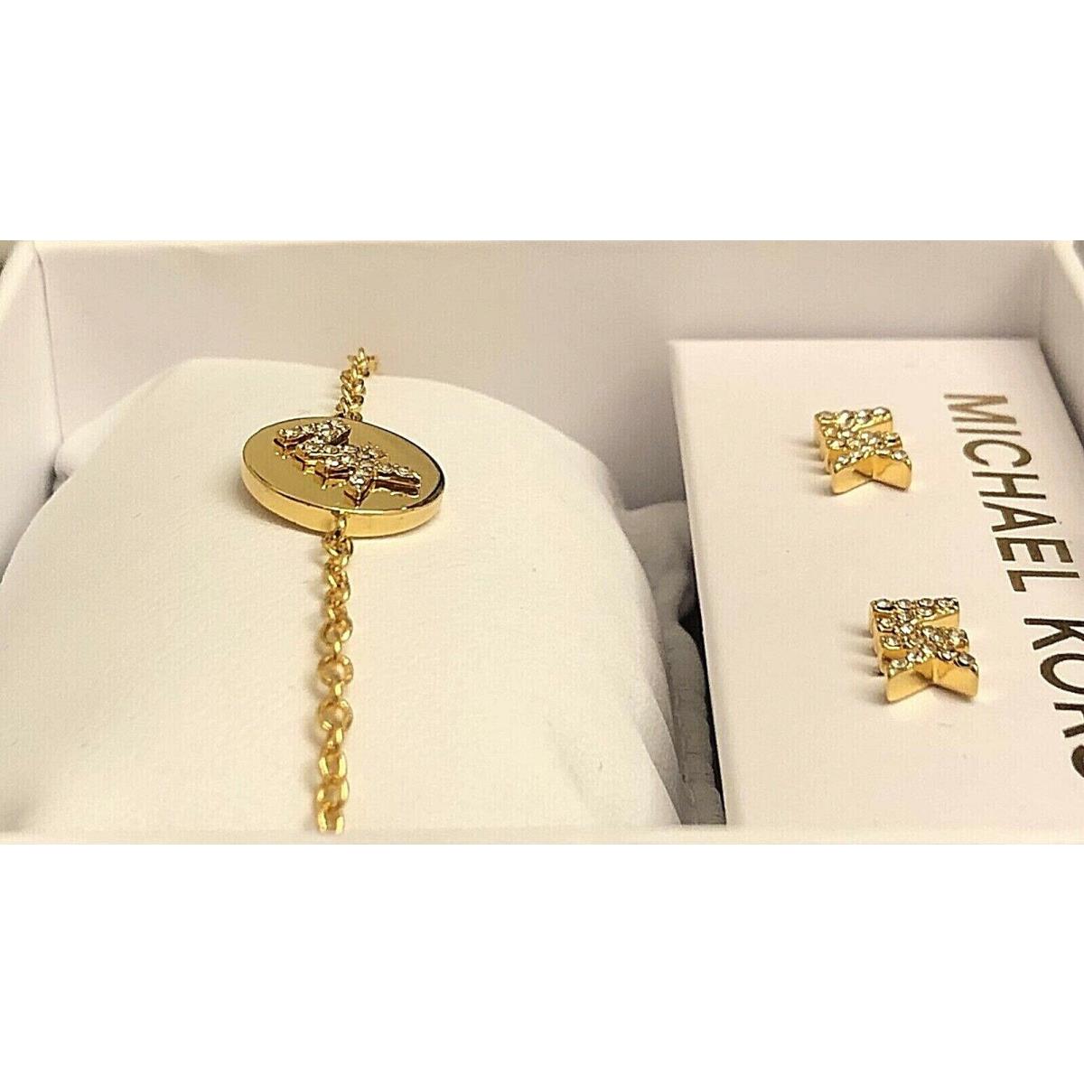 Michael Kors Gold-tone Crystal Pave` Logo Bracelet MK Earring Set