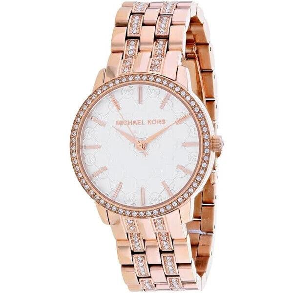 Michael Kors Nini Rose Gold Crystals White Monogram Bracelet WATCH-MK3183