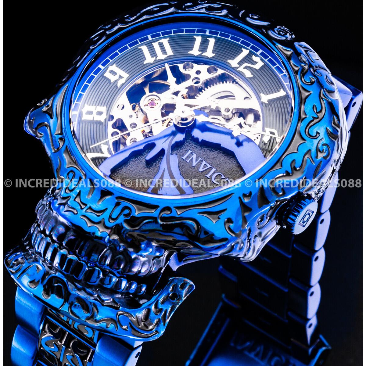 Invicta Automatic Skull Artist Skeletonized Dial Blue Label Men Rare Watch Reloj - Dial: Black, Band: Blue, Bezel: Blue