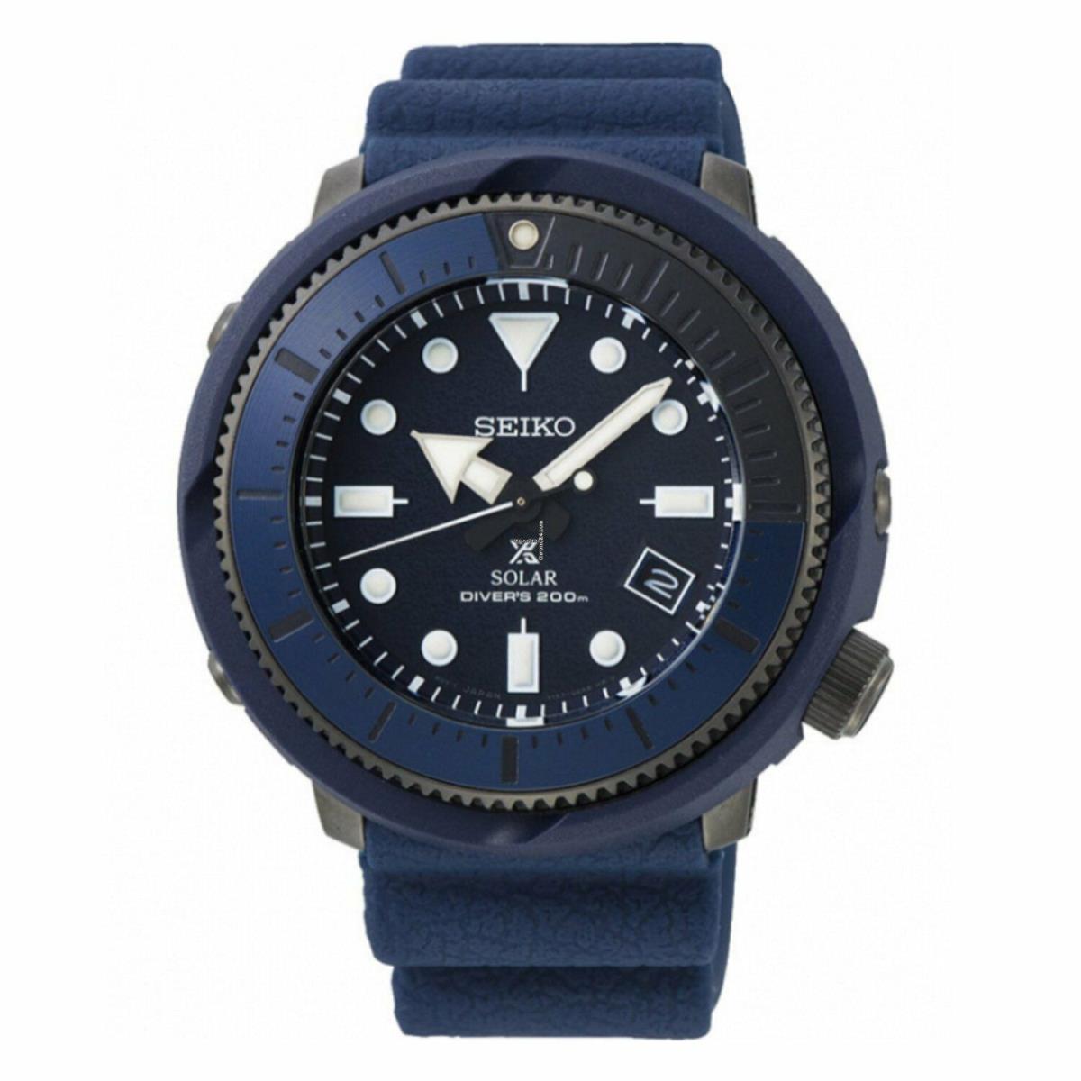 Seiko SNE559P1 Men Solar Sport Stainless Steel Case Silicone Date 200m WR SN559 - Blue Band