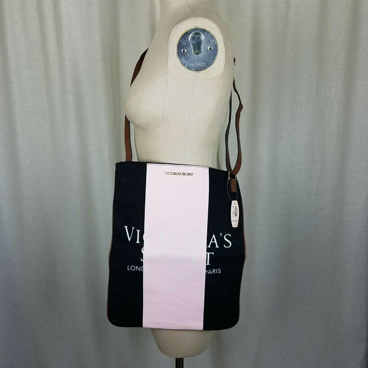 Victoria`s Secret Black Pink Racing Stripe Bag Open Top Crossbody Weekender Tote