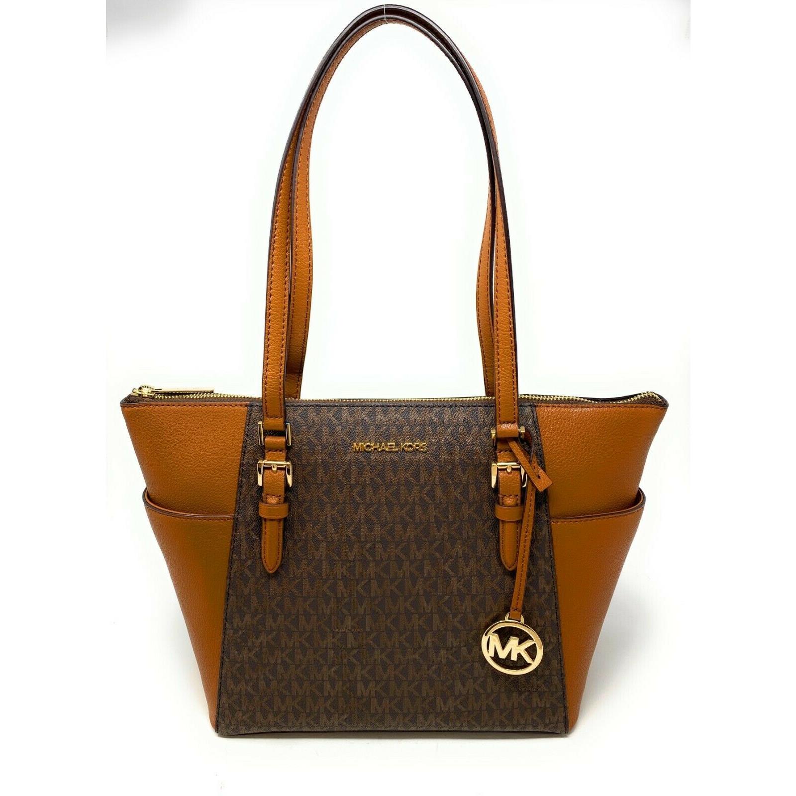 Michael Kors Charlotte Large Top Zip Tote Shoulder Bag Handbag Brown Signature/Gold Tone