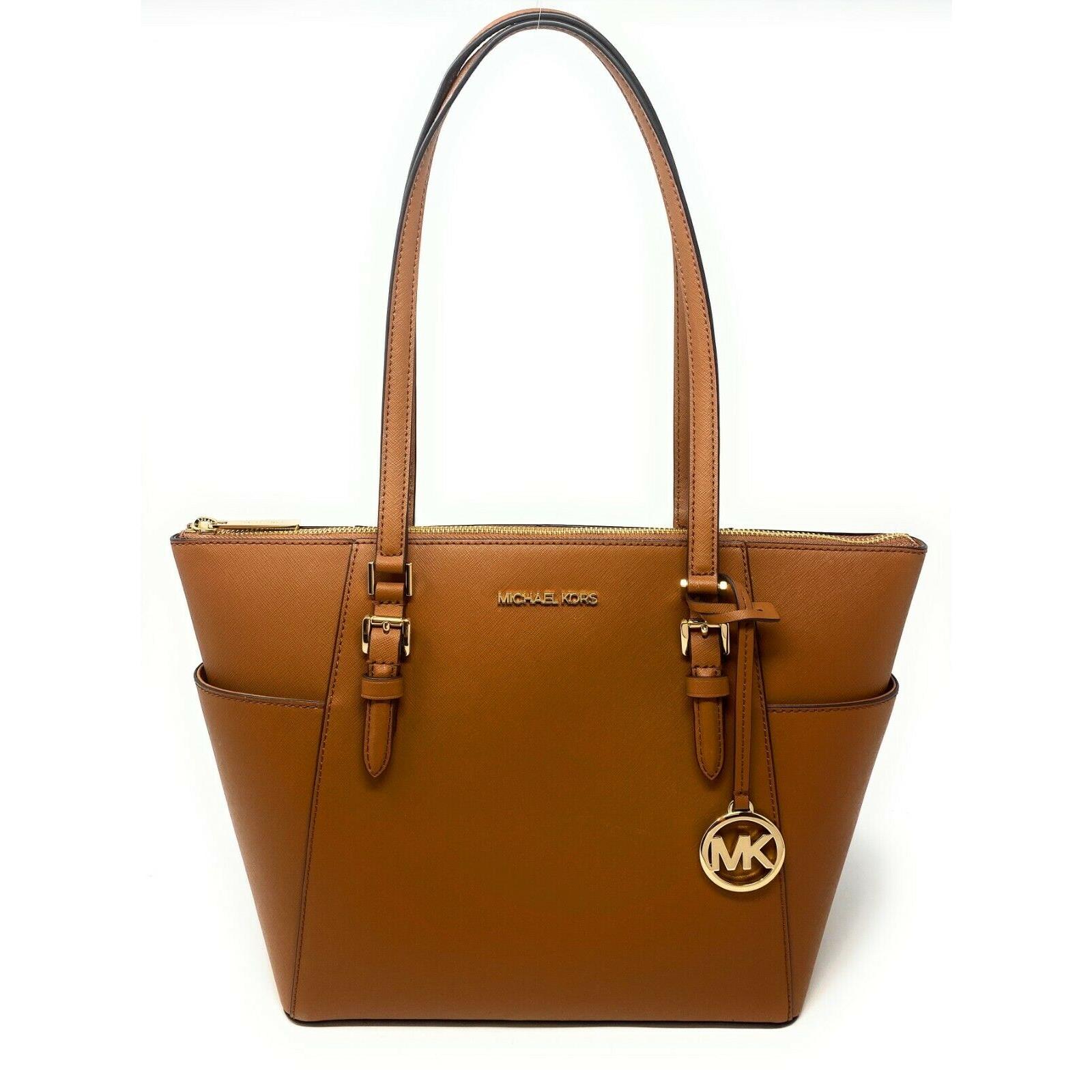 Michael Kors Charlotte Large Top Zip Tote Shoulder Bag Handbag Luggage/Gold Tone