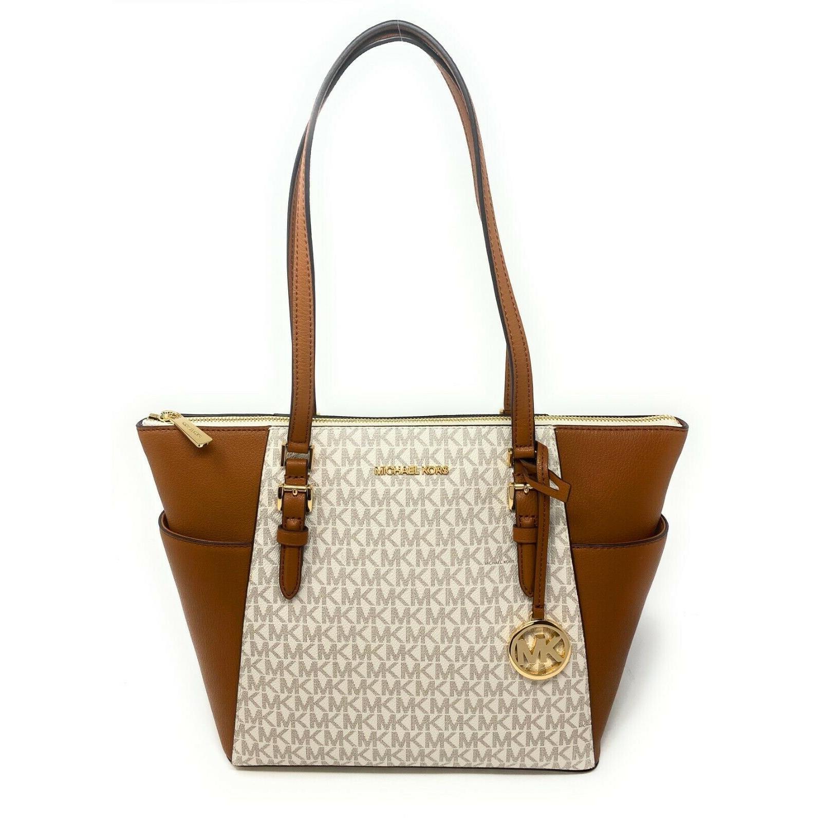Michael Kors Charlotte Large Top Zip Tote Shoulder Bag Handbag Vanilla Signature/Gold Tone