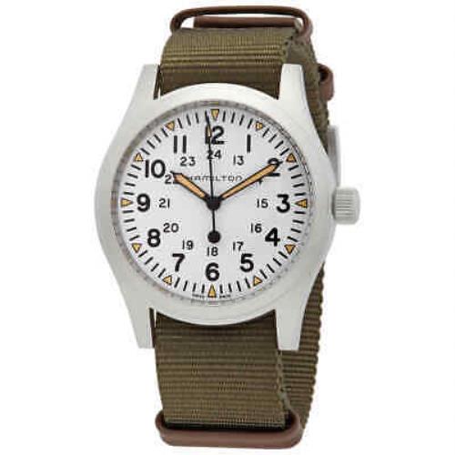 Hamilton Khaki Field Hand Wind Men`s Watch H69529913 - White Dial, Green Band, Silver Bezel