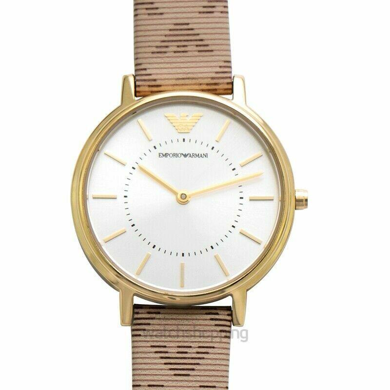 Emporio Armani AR11009 Gold Tone Silver Dial Leather Strap Womens Watch