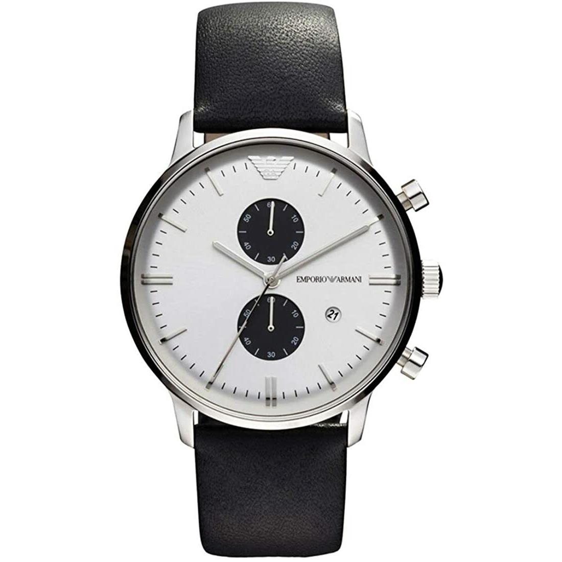 Emporio Armani AR0385 Silver Tone White Chrono Dial Black Leather Mens Watch