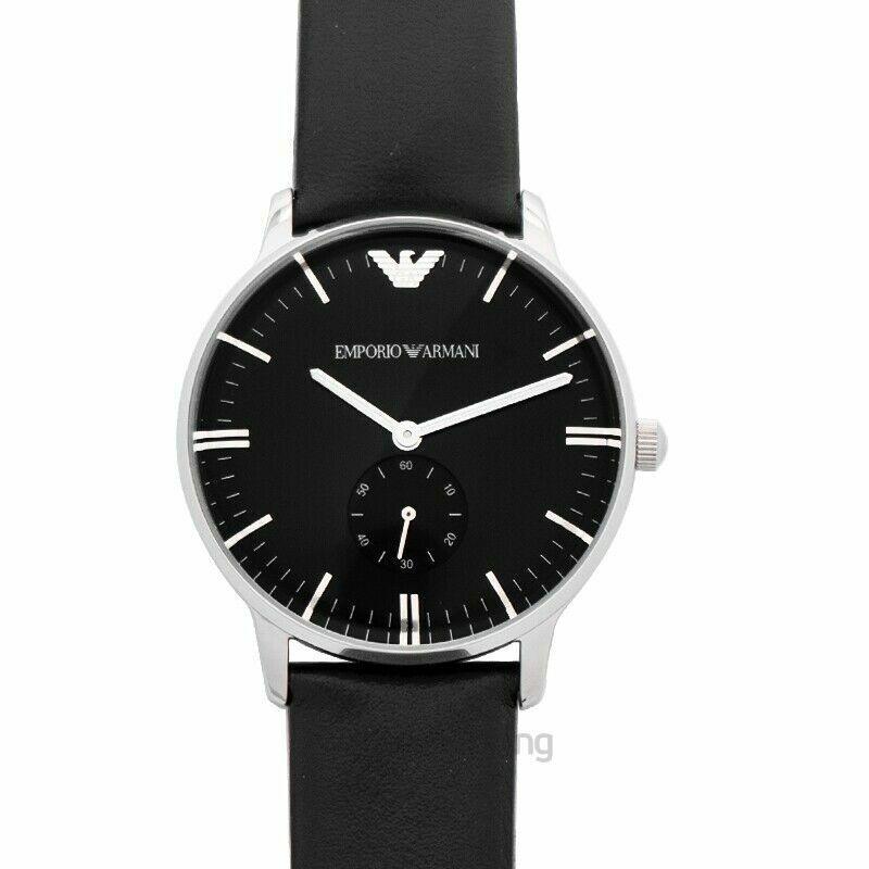 Emporio Armani AR90001M Silver Tone Black Dial Black Leather Strap Mens Watch