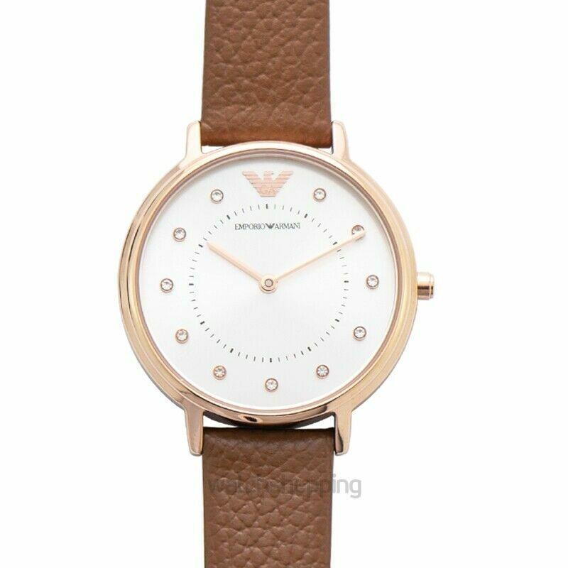 Emporio Armani AR8040 Rose Gold Tone White Dial Brown Leather Strap Womens Watch