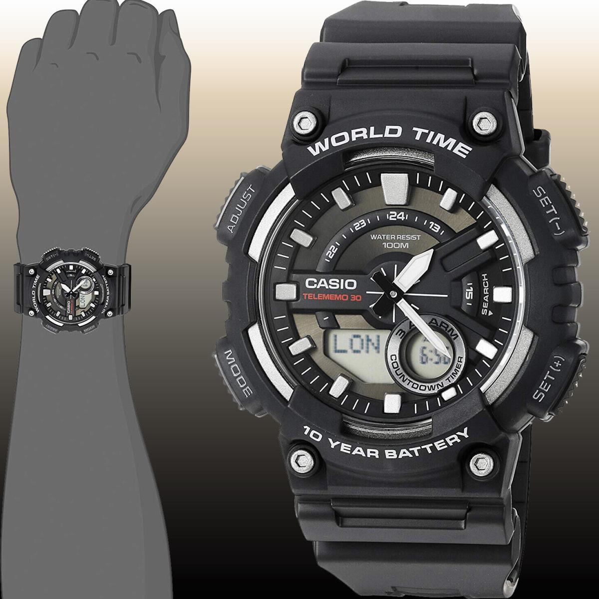 Casio AEQ-110W-1AV Mens Black 100M World Time Digital/ Analog Sports Watch