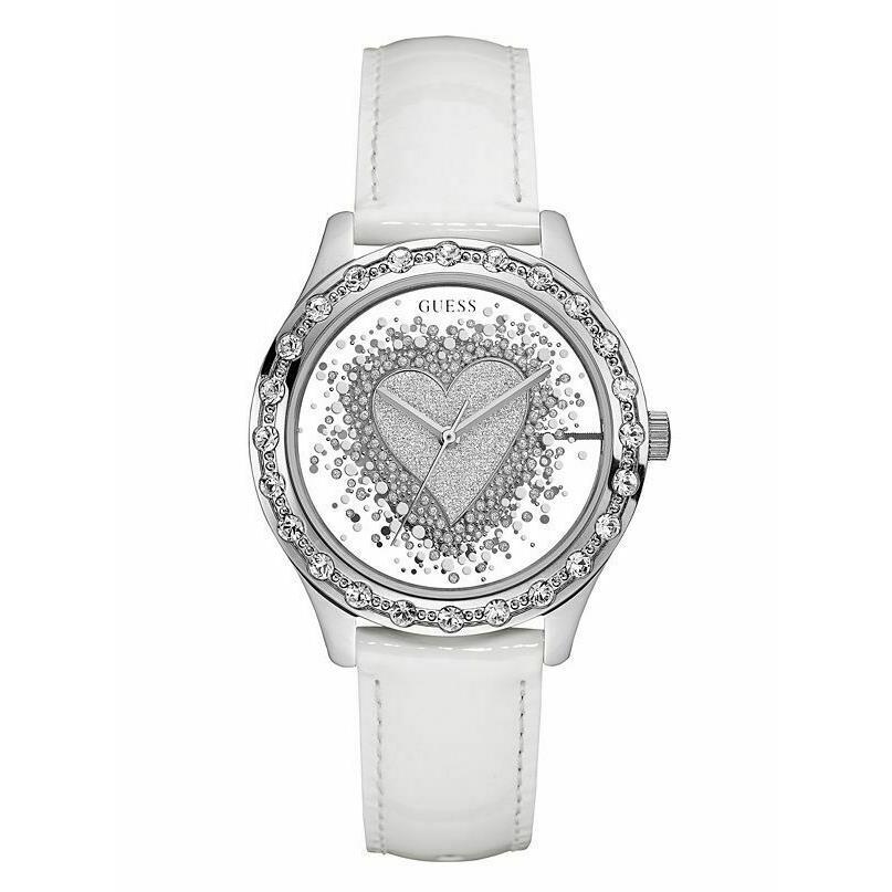 Guess 38mmSILVER Tone Heart Crystal Mirror Dial White Leather Band Watch U0909L1