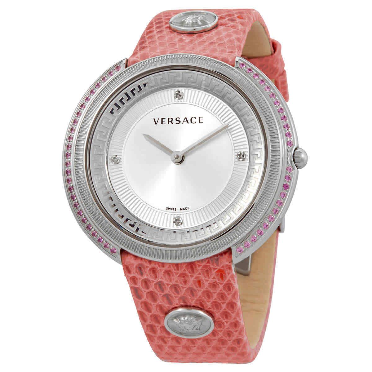 Versace Thea Silver Dial Ladies Watch VA7070013 - Dial: Silver, Band: Pink, Bezel: Silver-tone