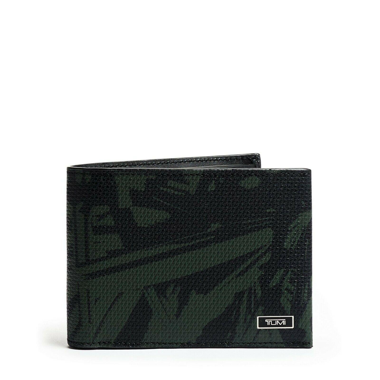 Tumi Men`s Monaco Leather Double Billfold Wallet Green Palm Print