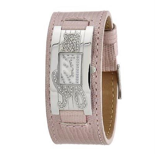 Guess Silver Tone Pink Croc Leather Band Cuff Crystal Logo Watch W80055L4