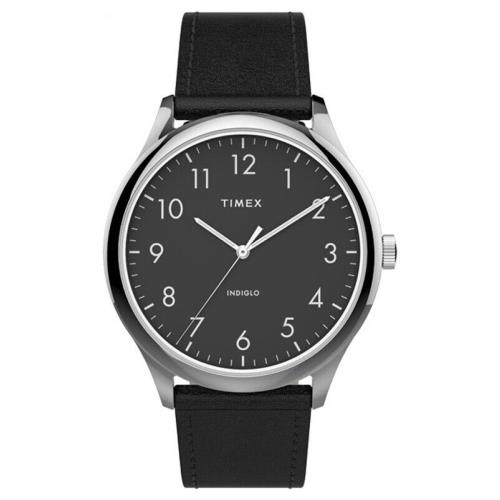 Timex TW2T71900 Men`s Easy Reader Black Leather Watch Indiglo 40MM Case - Dial: Black, Band: Black