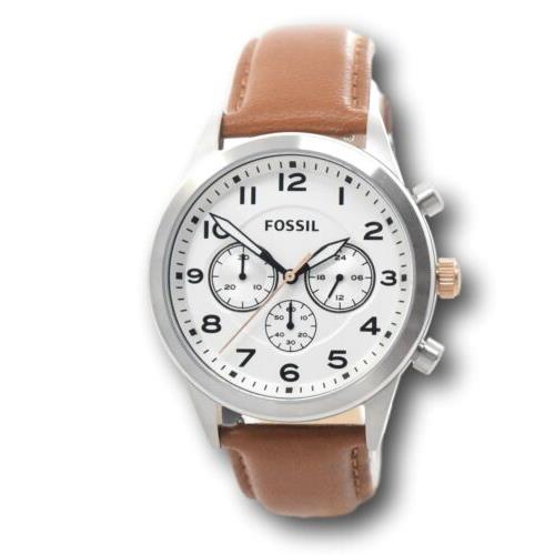 Fossil Flynn Men`s 43mm Pilot Silver Dial Brown Leather Chronograph Watch BQ2314 - Black Dial, Brown Band