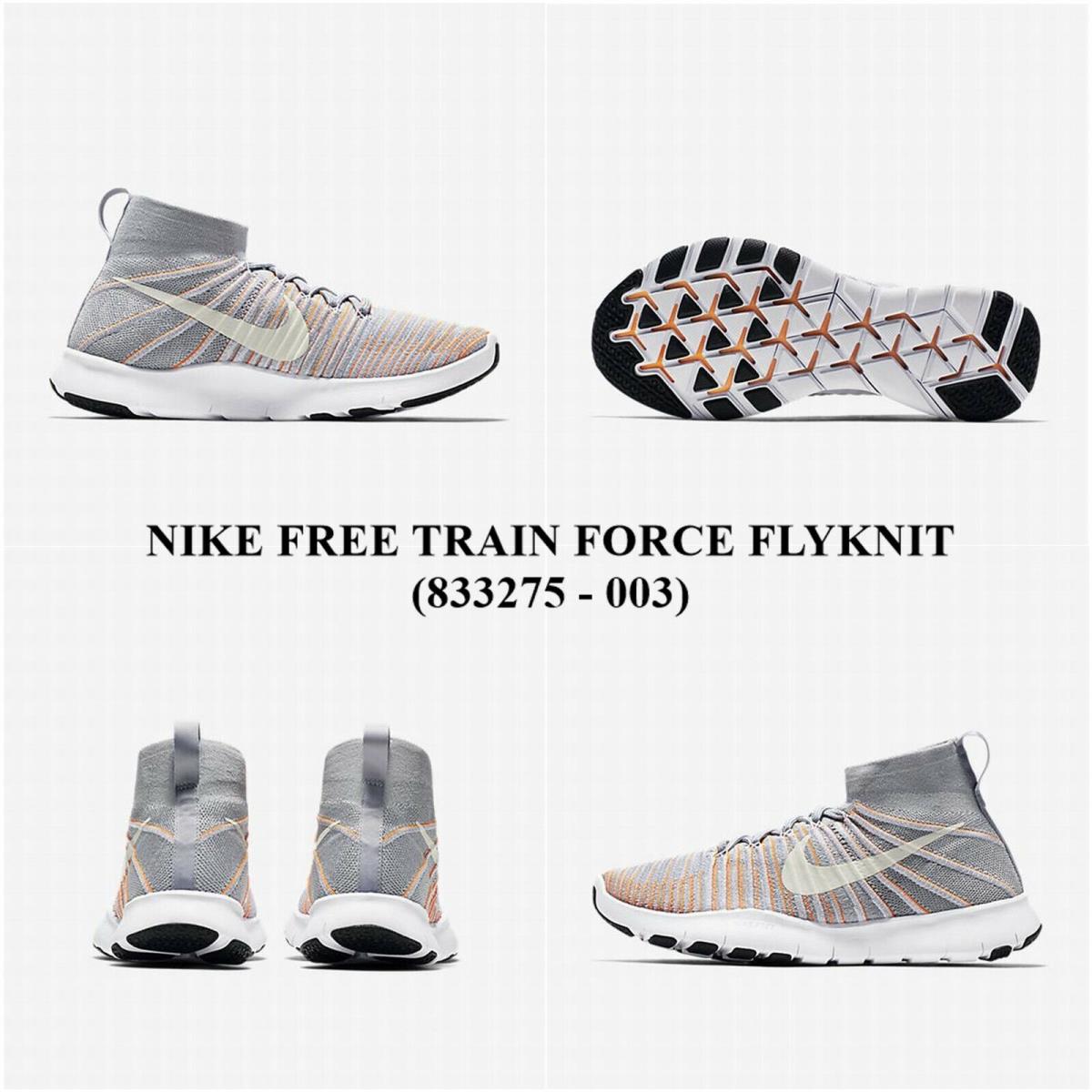 Nike Men`s Free Train Force Flyknit 833275 - 003 Trainning Shoes with Box - WOLF GREY / WHITE-TOTAL ORANGE