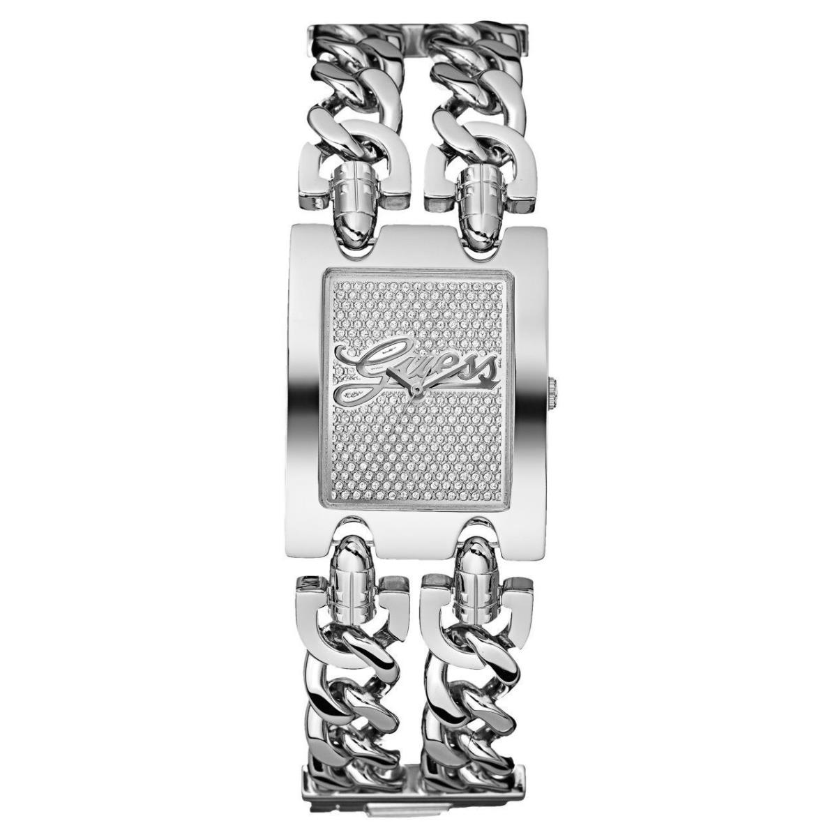 Guess Multi Strand Chain Link Silver Tone+pave Crystal Logo Dial Watch U85106L1