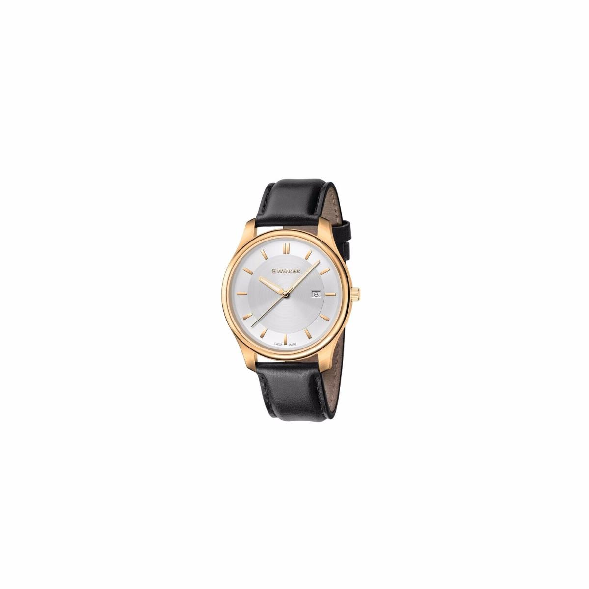 Wenger City Classic Men`s Watch - Silver Dial Black Leather Strap - Gold Case