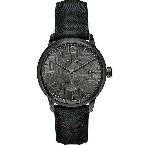 Burberry BU10010 Classic Round Checked Steel Case Men`s Watch - Face: Black / Charcoal, Dial: Black, Band: