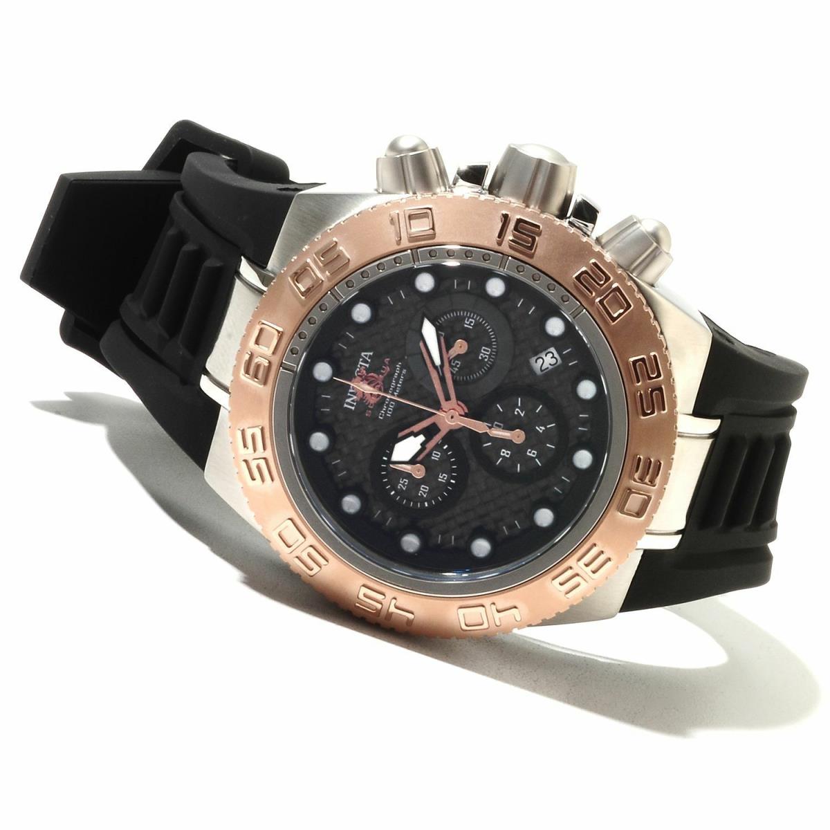 Invicta 10860 Subaqua Sport Chronograph Black Carbon Fiber Dial Mens Watch - Dial: Black, Band: Black, Bezel: Rose Gold