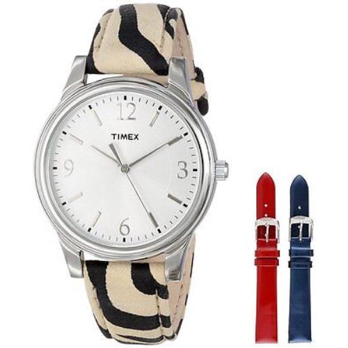 Timex Set OF 3 Zebra Red Blue Patent Leather Bands Silver WATCH-UG0103TB