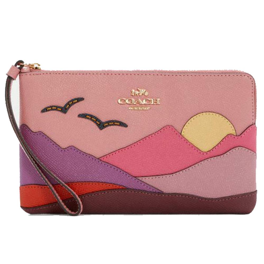 Coach Mountain Motif Large Corner Pink Wallet Leather Zip Wristlet Handbag